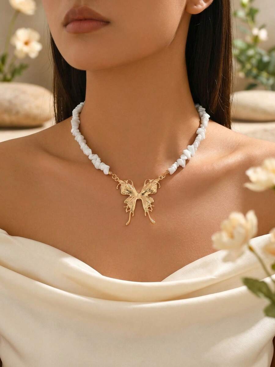 1pc Fashionable Elegant Stone Beaded Necklace With Charming Gold Butterfly Pendant, Women's Romantic Choker Necklace Suitable For Daily And Party Wear - Multicolor - View 1