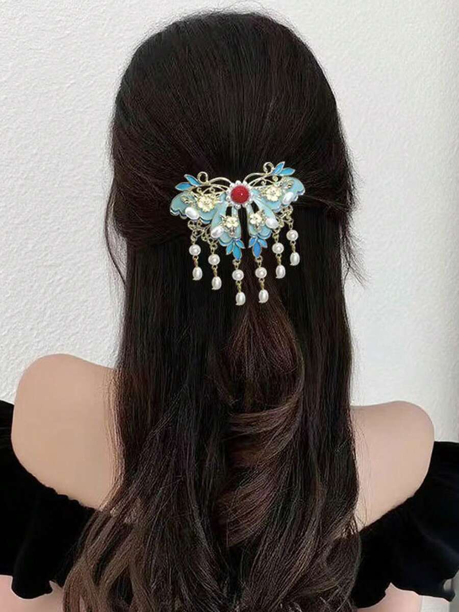 1pc Chinese Style Butterfly Hair Clip, Hanfu Bun Accessory With Tassel, Gentle Faux Pearl Tassel Bun Clamp, Butterfly,Summer,Holiday,Travel, Accessories For Women, Claw Clips,Festival,Birthday - Multicolor - View 1