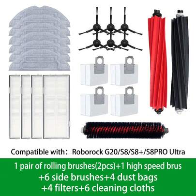 23pcs Replacement Parts Kit For G20/S8/S8+/S8 Pro Ultra Robotics Vacuum,A Pair(2) Accessories Removable Brush/Main Brush 4 HEPA Filter 6 Side Brush 6 Mop Cloth/Mop Rag 4 Dust Bag And 1 High-Speed Cleaning Brush