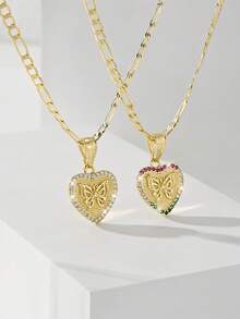 Set de 2 collares con colgante de corazón y mariposa chapado en oro de 14K de pareja, incrustado con circonita de colores, con significado romántico, adecuado para el Día de San Valentín, aniversario, regalo de cumpleaños para parejas - Amarillo Oro - Ver 2