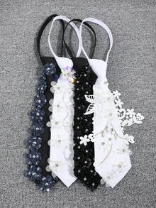 1件女士时尚手工仿水晶亮片花朵装饰夹式领带，用途广泛，适合休闲、通勤、购物、派对搭配、旅行、节日等场合。 - 彩色 - 查看 4