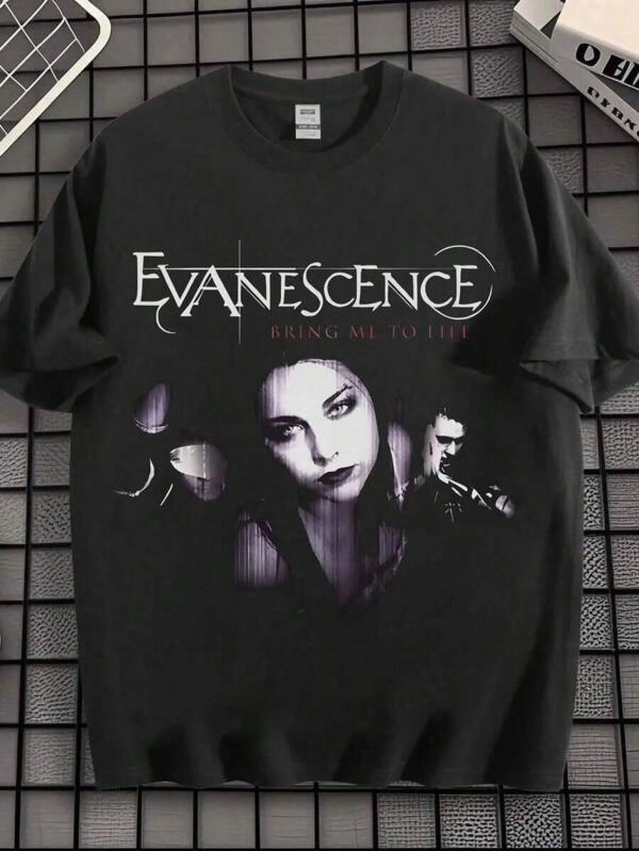 2026 Fashionable Casual T-Shirts For Girls And Boys, EWH Retro, Rock, Men's Short-Sleeved T-Shirt, Evanescence Band, Iconic, Printed, Relaxed Street Style, Top, Music, Culture, Street-Style Anime T-Shirt, Graphic T-Shirt, Street-Style Graphic T-Shirt, Suitable For Role-Playing, Casual Men's T-Shirt, High-Quality Cotton, Comfortable Design, Anime Fashion For Comic Lovers, Parent-Child Outfits, Anime Merchandise, Size 2-10 Years, S-XXXL, Men's Clothing, Tops For Women, Perfect Gift For Back To School And Mother's Day, Can Be Combined With Parent-Child Outfits. - 黑色 - 查看 1
