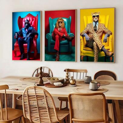 3pcs Elegant Animal Cool Leopard Gorilla Zebra Suit Canvas Printed Poster, Modern Wall Art Decorative Painting, Suitable For Cafes, Homes, Bedrooms, Living Rooms, Kitchens, Bathrooms, Offices, Home Decor, Decorative Houses, Bedroom Decorations, Wall Decorations As Ideal Gifts For Friends