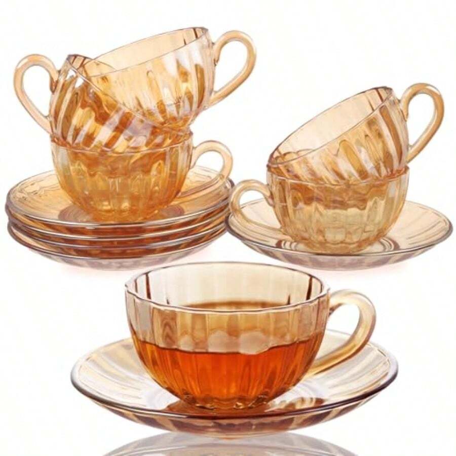 Juego de 6 tazas de té y platillos de vidrio tazas de café con cuchara de acero inoxidable aptas para lavaplatos y microondas para café expreso capuchino latte jugo de té 6 onzas/180 - mbar - Ver 1