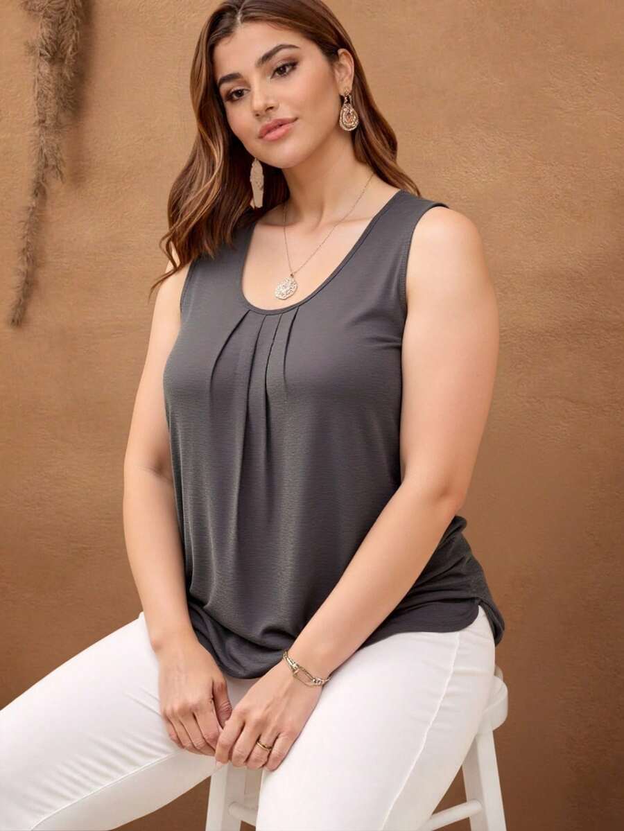 Solid Sleeveless Blouse With Ruched Design - Dark Grey - View 1