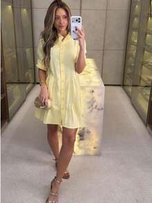 Midi Flared Shirt Dress With Mandarin Collar, High Button-Down Shirt, Linen Beach Cover-Up, Long Sleeves, Ruffled Hem, Striped, Size 13. - 黃色 - 查看 2