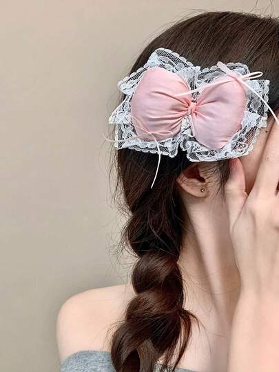 Cute & Sweet Large Pink Lace 3D Bow Hair Clip, Elegant Side Bangs Clip, Versatile Hair Accessory Suitable For Daily And Holiday Wear