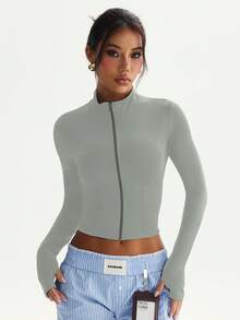 Women's Solid Color Stand Collar Zipper Long Sleeve Thumb Hole Minimalist Fashion Sports Jacket Spring - Grey - View 5