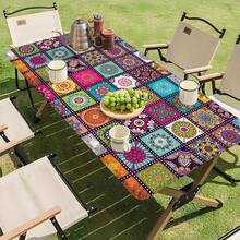 1pc Rectangular Mandala Pattern Elastic Washable Table Cover, Wrinkle-Resistant Polyester Fitted Tablecloth, Fashionable & High-End, Suitable For Kitchen, Dining, Outdoor Activities, Picnics, Patio Gatherings, Birthday Parties, Dining Textile - B - View 1