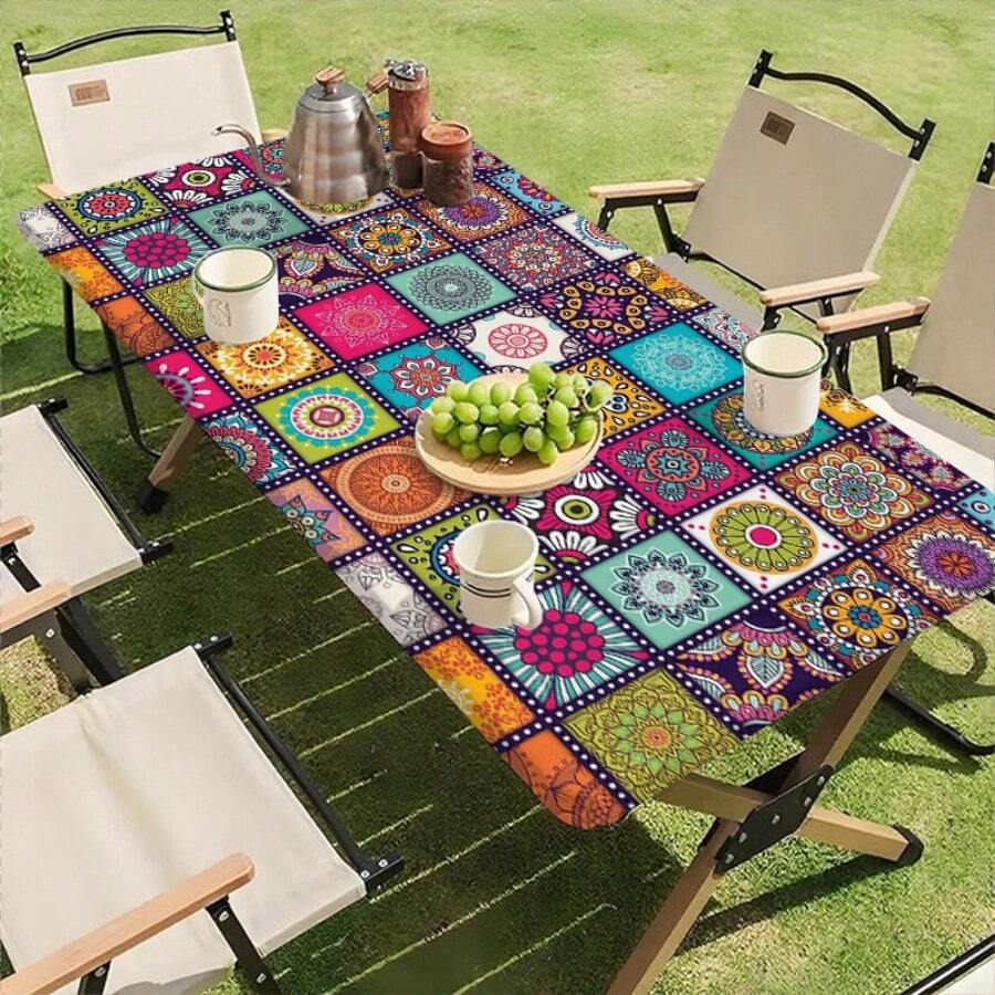 1pc Rectangular Mandala Pattern Elastic Washable Table Cover, Wrinkle-Resistant Polyester Fitted Tablecloth, Fashionable & High-End, Suitable For Kitchen, Dining, Outdoor Activities, Picnics, Patio Gatherings, Birthday Parties, Dining Textile - B - View 1