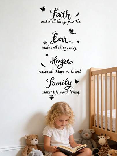 Hình dán tường trang trí phòng ngủ, phòng khách với câu nói truyền cảm hứng về niềm tin, tình yêu và gia đình, hình bướm, tự dính.