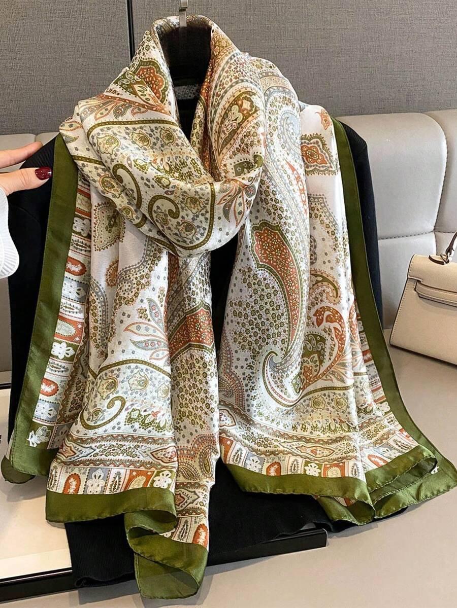 1 pieza Nuevo estampado de flores de anacardo de primavera, bufanda larga versátil, chal multiusos para fotografía de viaje, protección solar, 80*180cm, adecuado para fotografía, viaje, cita, caminata, fiesta, playa, vacaciones - Verde militar - Ver 1