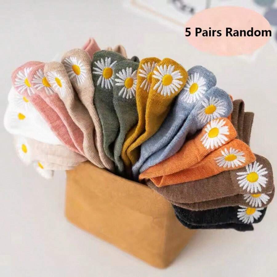 Bộ 5 đôi tất ngắn ống cho nữ mùa xuân/hè, thiết kế gót đa năng, họa tiết hoa thêu, chất liệu thoáng khí. - Nhiều màu - Xem 1