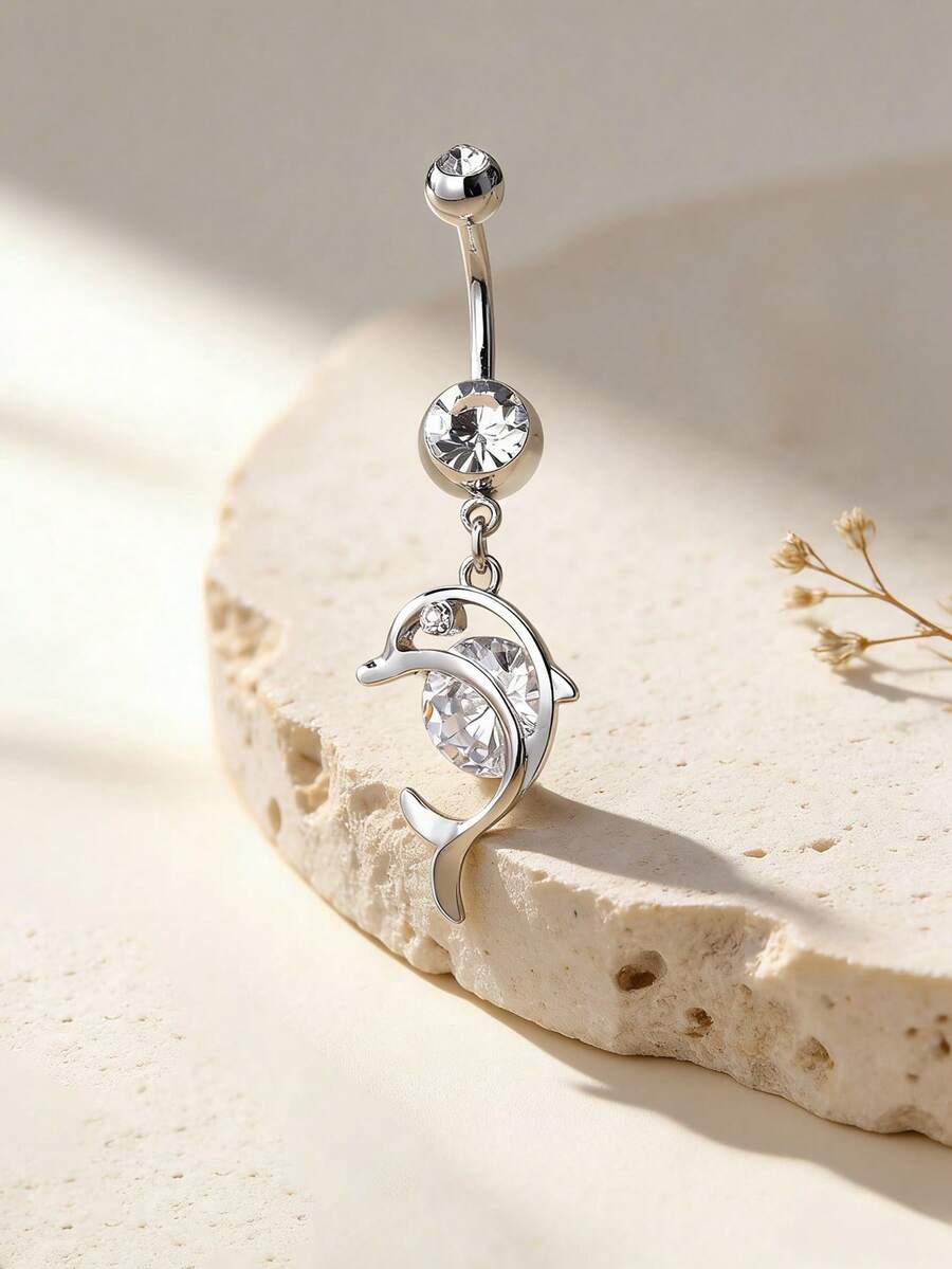1 chiếc khuyên rốn hình cá heo đính đá Zirconia thời trang nữ, trang sức xỏ rốn độc đáo lấp lánh tinh tế, phù hợp cho tiệc tùng, kỳ nghỉ và trang phục gợi cảm. - cá heo - Xem 1