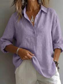Women'S Elegant And Comfortable Loose Solid Color Long-Sleeve Shirt For Spring And Autumn. A Relaxed Style With A Collar And Half-Button Placket, Perfect For Casual Wear. This Versatile Top Is Suitable For Both Office And Leisure Time - 粉色 - 查看 3
