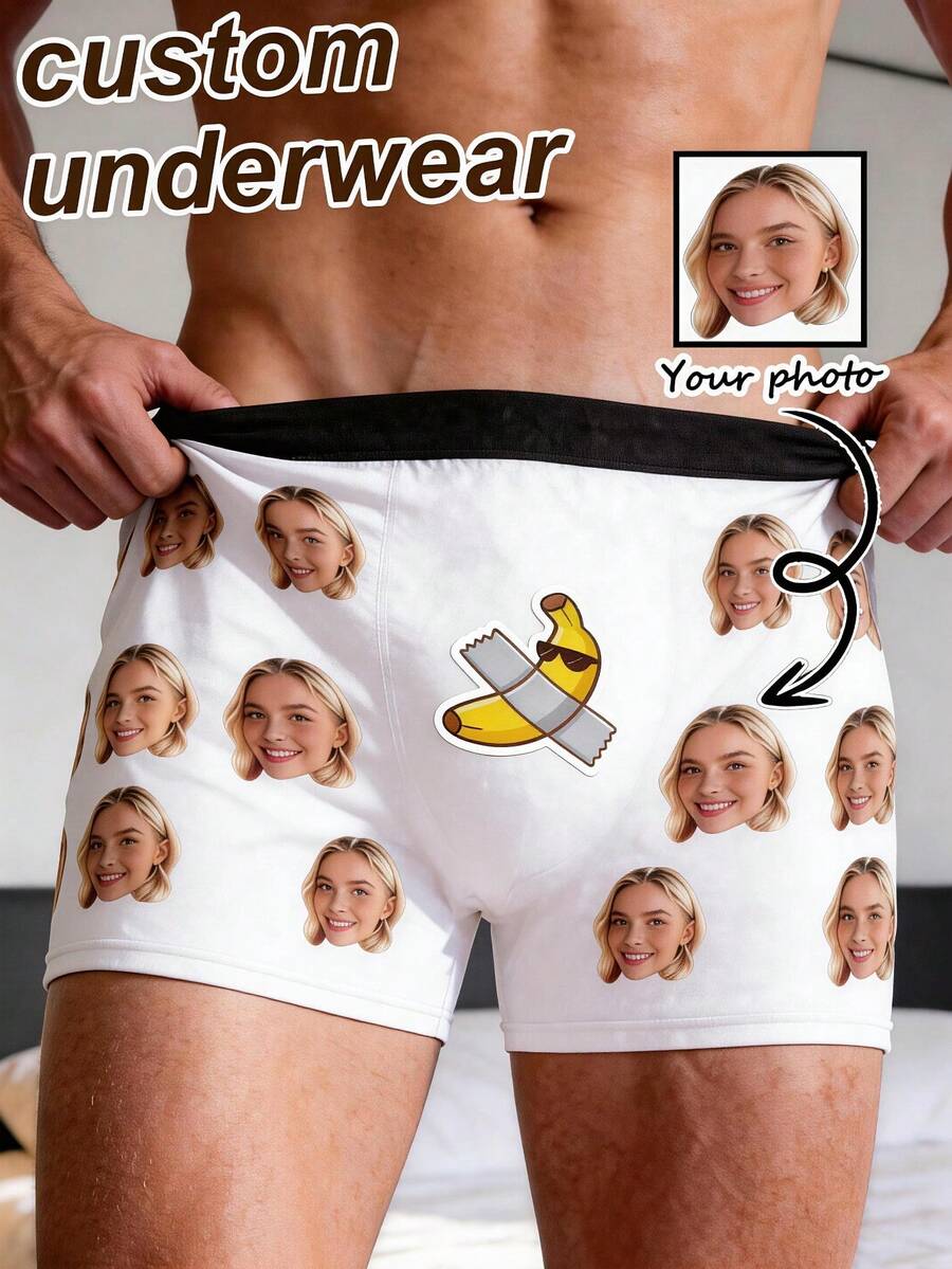 1pc Customized Photo Print Men's Comfortable Stretchy Funny Personalized Valentine's Day Gag Gift Underwear - White - View 1