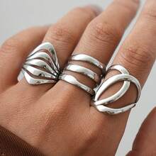 Bộ 3 chiếc nhẫn bạc hình học, chất liệu thép không gỉ 304, bề mặt được đánh bóng sáng loáng, kiểu dáng tối giản, phù hợp cho nữ, ít gây dị ứng, đeo hàng ngày và dự tiệc, phong cách phương Tây, phụ kiện đi biển cho nữ, trang sức dày dặn. - Nhiều màu - Xem 6