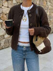 Cardigan casual y elegante de primavera para mujer Just Masa, de cuello redondo, abotonado, de manga larga, de unicolor, holgado, elástico, simple y de moda básico de punto, adecuado para vacaciones, viajes, playa, ir al trabajo, citas y uso diario - Marrón - Ver 4