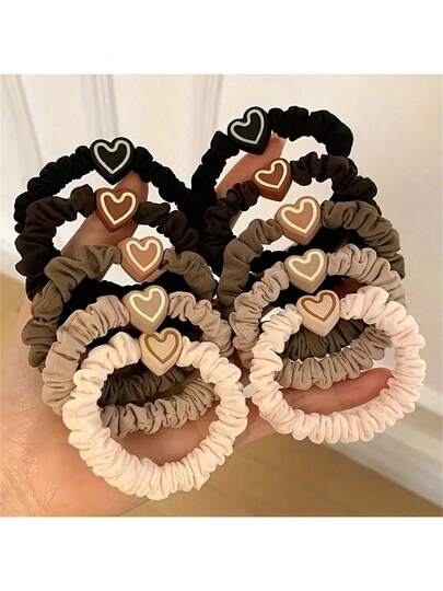 5/10pcs New Coffee Color Heart Pendant Hair Scrunchies, Cute Bow Hair Ties Elastic Hair Accessories For Women, Ideal As Gifts