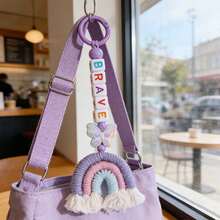 1 móc khóa cầu vồng phong cách Bohemian: Phụ kiện túi xách làm từ dây cotton đan thủ công với tua rua và mặt dây chuyền chữ cái đính hạt. - Móc khóa cầu vồng - Xem 11