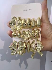 2/6/18 piezas Juego de aretes elegantes en tono dorado para mujeres, incluye flores para la oreja izquierda y derecha, en forma de C suave, lágrima de rayas verticales, diseño floral, adecuado para uso diario, viajes, vacaciones, citas, fiestas de noche, atuendo casual - Dorado - Ver 1