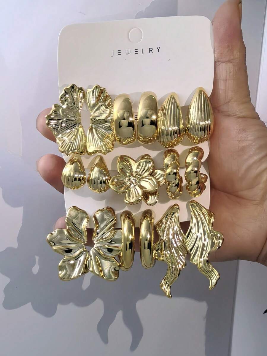 2/6/18 piezas Juego de aretes elegantes en tono dorado para mujeres, incluye flores para la oreja izquierda y derecha, en forma de C suave, lágrima de rayas verticales, diseño floral, adecuado para uso diario, viajes, vacaciones, citas, fiestas de noche, atuendo casual - Dorado - Ver 1