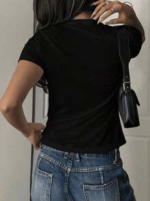 Women's Casual Style T-Shirt Y2K Hearts Printed In Gold, Silver And Black Blue Cotton Loose Fit Round Neck Short Sleeve Everyday T-Shirt Spring Summer - 黑色 - 查看 2