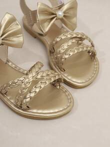 1 Pasang Sandal Anak Perempuan dengan Hiasan Pita, Desain Anyaman Silang Klasik, Sandal Datar Musim Panas Baru untuk Anak-anak, Cocok untuk Sekolah, Pesta, Jalan-jalan, Sandal Anak dengan Perekat Velcro - Emas - View 9