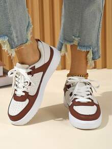 2026 Couple's Set Low-Top Casual Sneakers ,Flat Breathable & Lightweight Sneakers , Comfortable Walking Shoes,White&Brown Minimalist Patchwork Design,Women Sport Shoes ,Student Sneakers ,Outdoor Shoes, Lace-Up White Shoes - 棕色 - 查看 5