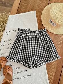 2pcs/Set Teenage Girls Short Sleeve Top + Plaid Shorts, Creative Printed Soft T-Shirt And Shorts Set, Suitable For Spring/Summer Daily Wear And Back To School - White - View 6