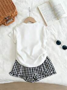 2pcs/Set Teenage Girls Short Sleeve Top + Plaid Shorts, Creative Printed Soft T-Shirt And Shorts Set, Suitable For Spring/Summer Daily Wear And Back To School - White - View 3