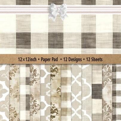 Bloco de Papel para Scrapbook 30x30cm (12x12 polegadas), 12 Folhas com 12 Estampas Vintage, Incluindo Padrões de Relógio, Impressões de Jornal, Motivos Florais e Elementos Retrô, Ideal para Scrapbooking, Artesanato, Criação de Cartões, Decoração de Diários e Projetos de Arte.