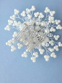 1pc Elegant White Faux Pearl Hair Comb, Bridal Wedding Headpiece - White - View 7