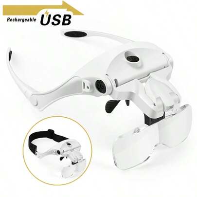 USB Rechargeable LED Head Magnifier With 5 Detachable Lenses - 1X, 1.5X, 2X, 2.5X, 3.5X - Multifunctional Head-Mounted Glasses For Jewelry Watch Repair, Reading, Embroidery - Comfortable Wear, Plastic Material