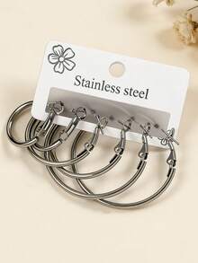 3 Pairs/Set Stainless Steel Geometric Earrings, Polished Geometric Earring Set For Women, Suitable For All Seasons, Daily, Party, Banquet Accessories, Christmas Gift - Silver - View 2