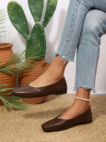 女士平底芭蕾舞鞋，简约复古方头奶奶鞋，软皮乐福鞋 - 棕色 - 查看 3