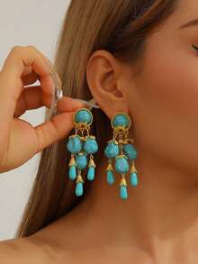 1 Pair Retro Olive Green Palace Style Long Tassel Earrings, Unique Personalized Design, Suitable For Parties And Everyday Wear - 流蘇耳環 - 查看 11