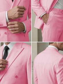 Mens Double Breasted Suit 2 Piece Slim Fit Peak Lapel Wedding Groom Prom Statement Blazer Pants(Suit+Pants)(XS-3XL) - 粉色 - 查看 5