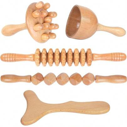 5-In-1 Wooden  Kit, Wood Therapy Massage Tools For Lymphatic Drainage, Body Sculpting, Anti-Cellulite & Muscle Pain Relief