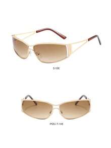 1副Y2K镂空未来主义时尚眼镜，复古个性街头风女款时尚眼镜 - 金框漸層茶 - 查看 2