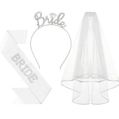 3 قطع شريط رأس للعروس مع وشاح وحجاب لحفل استقبال العروس، اكسسوارات لحفل استحمام العروس كهدية، للعروس، للزفاف، لحفل العروس