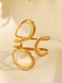 1pc 18K Gold Plated Stainless Steel Geometric Line Openable Ring, Suitable For Women's Daily Wear - Gold - View 1
