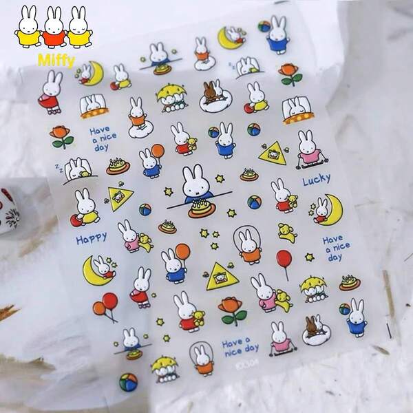  1 pièce Autocollants d'art pour ongles avec motifs mignons de lapin Miffy anime, petits autocollants de papillon, autocollants d'art pour ongles en relief tridimensionnel