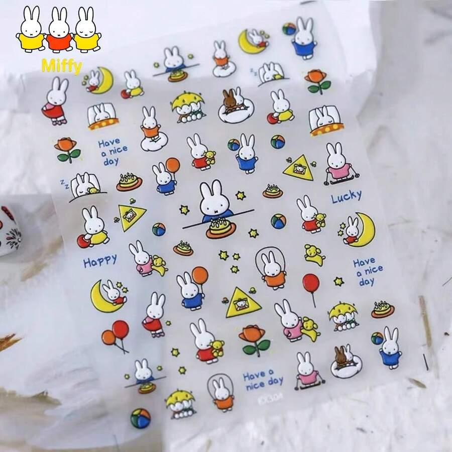 MIFFY 1张动漫米菲兔美甲贴纸，带有可爱的小图案和小蝴蝶贴纸，立体浮雕美甲贴纸 - 彩色 - 查看 1
