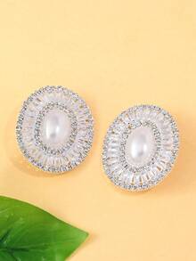 一对银色椭圆形珍珠玻璃耳环，镶嵌水钻，设计优雅，适合派对佩戴 - 銀色 - 查看 3