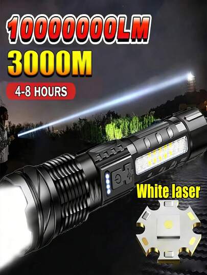 פנס לייזר LED לבן עוצמתי, עמיד למים IPX65, סוללה מובנית, נטענת USB, פנס טקטי, בהיר במיוחד, מתאים לקמפינג בחוץ, טיולים רגליים, ציד, חירום ותרחישים אחרים