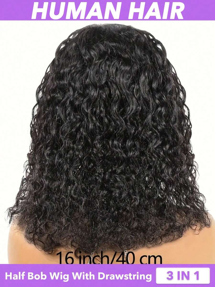 Tóc giả nửa đầu xoăn tít, tóc thật, mật độ 150-200, 3 trong 1, không đường may, không cần keo dán, dễ sử dụng, thân thiện với người mới bắt đầu, tóc giả xoăn tít, tóc thật, băng đô có dây rút, dành cho nữ, chiều dài 8, 10, 12, 14, 16 inch, màu đen tự nhiên. - Natural Black - Xem 1