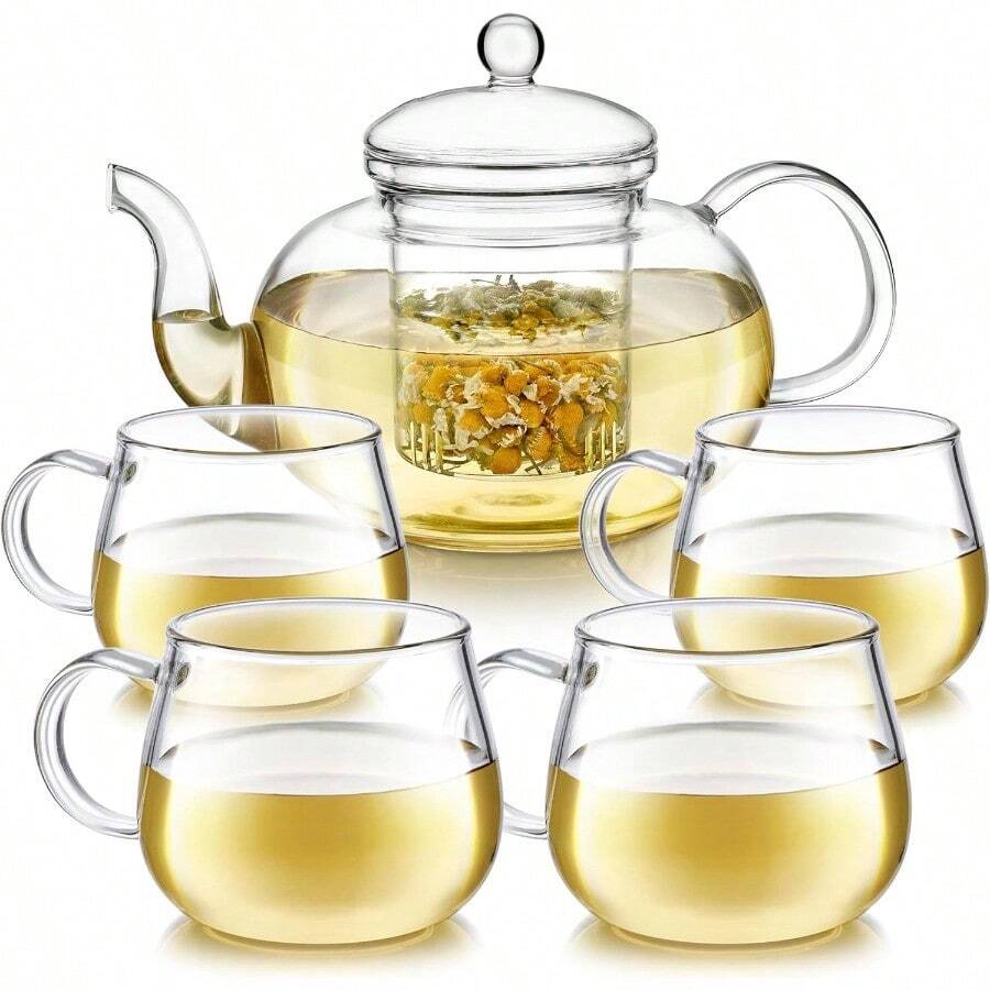 A 1000Ml Glass Teapot Featuring An Infuser And Four Cups, This 33.8 Oz (1000 Ml) Teapot Comes With A Removable Infuser Suitable For Blooming And Loose Leaf Tea, Packaged In A Gift Box For Microwave And Stovetop Use - 茶壺 + 4 個杯子 - 查看 1