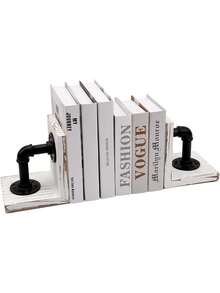 Book Ends,Wood Bookends For Shelves,Industrial Pipe Design Book Ends For Heavy Books,Rustic Style Bookend For Home Office Bookcase Bookshelf Desk Decor, Whitewash,44536427 - A - View 1