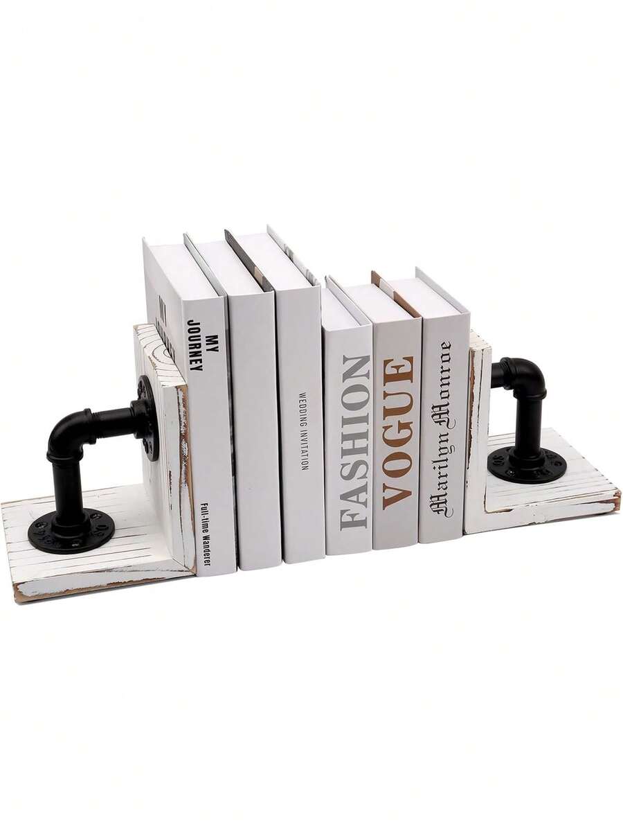 Book Ends,Wood Bookends For Shelves,Industrial Pipe Design Book Ends For Heavy Books,Rustic Style Bookend For Home Office Bookcase Bookshelf Desk Decor, Whitewash,44536427 - A - View 1